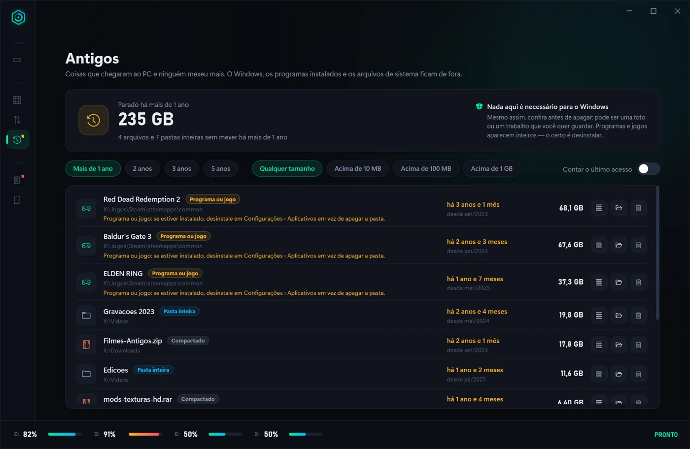 Aba Antigos do FPSDisk com jogos e arquivos parados há mais de um ano