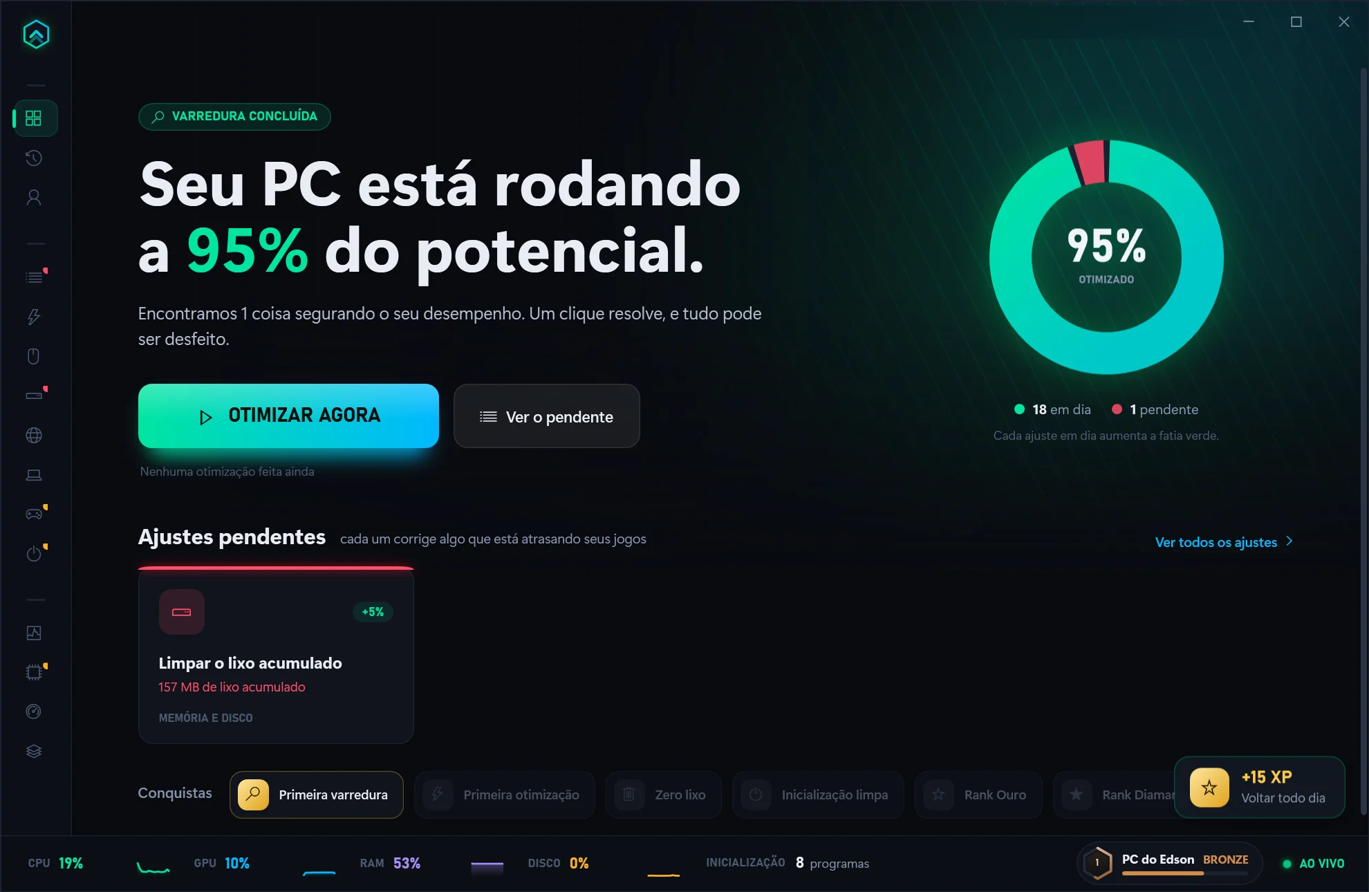 Tela inicial do FPSUP mostrando o PC a 95% do potencial e o botão Otimizar agora